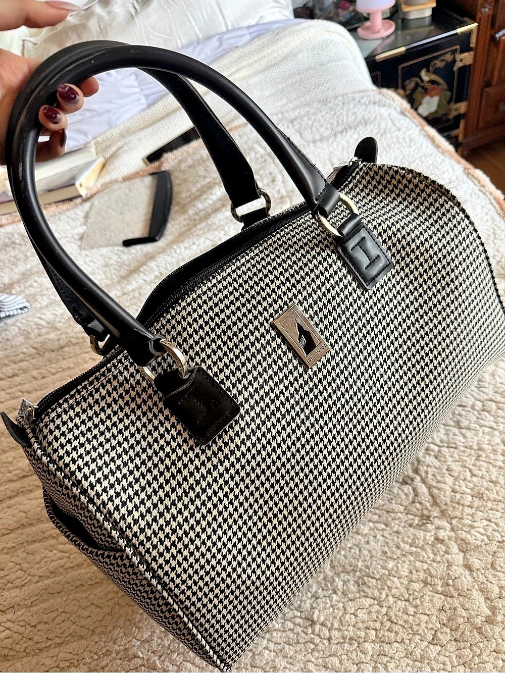 Vintage London Fog Houndstooth Travel Weekender Bag in Black & White